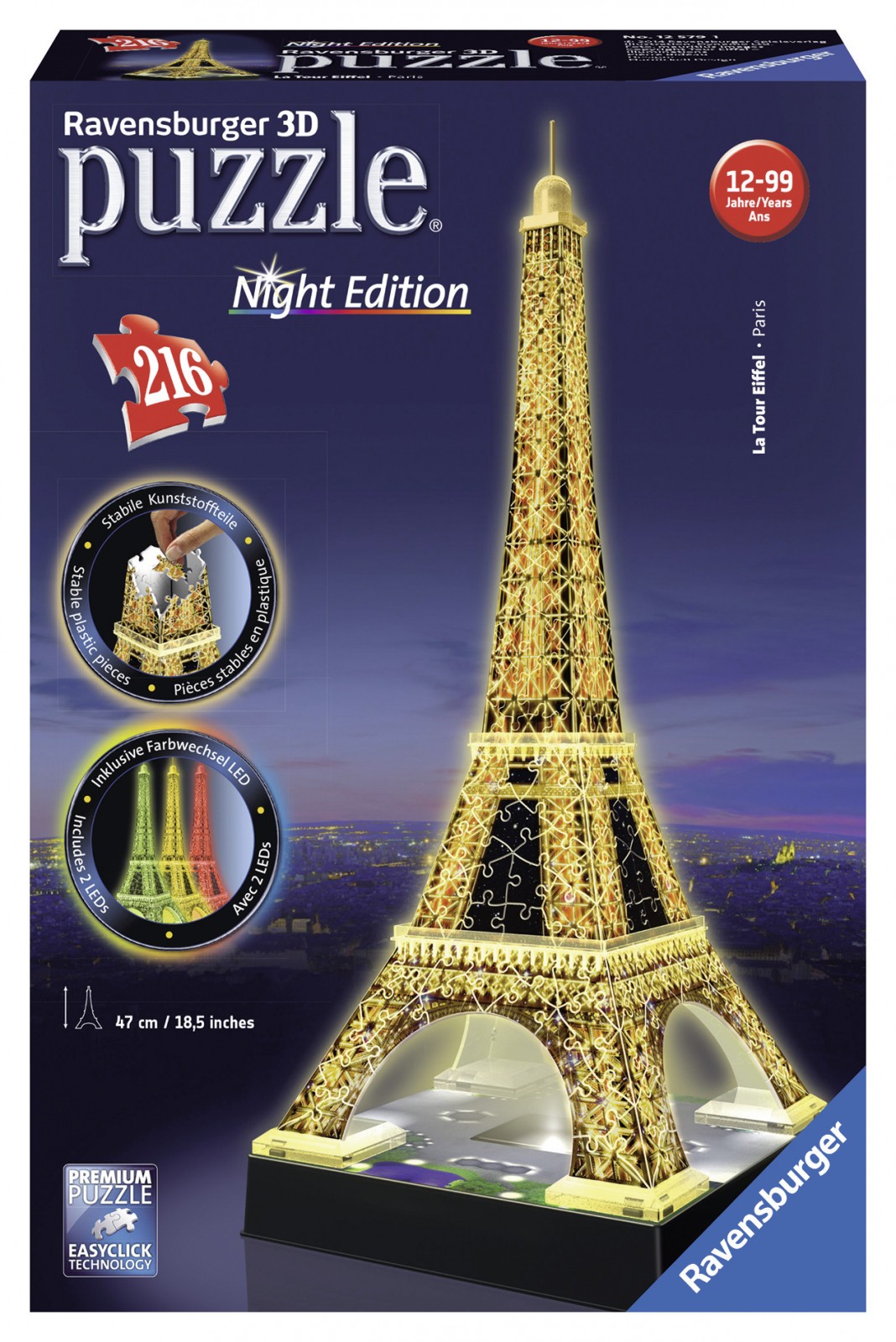 Puzzle Luminos 3D Turnul Eiffel Noaptea cu 216 piese - Ravensburger 1