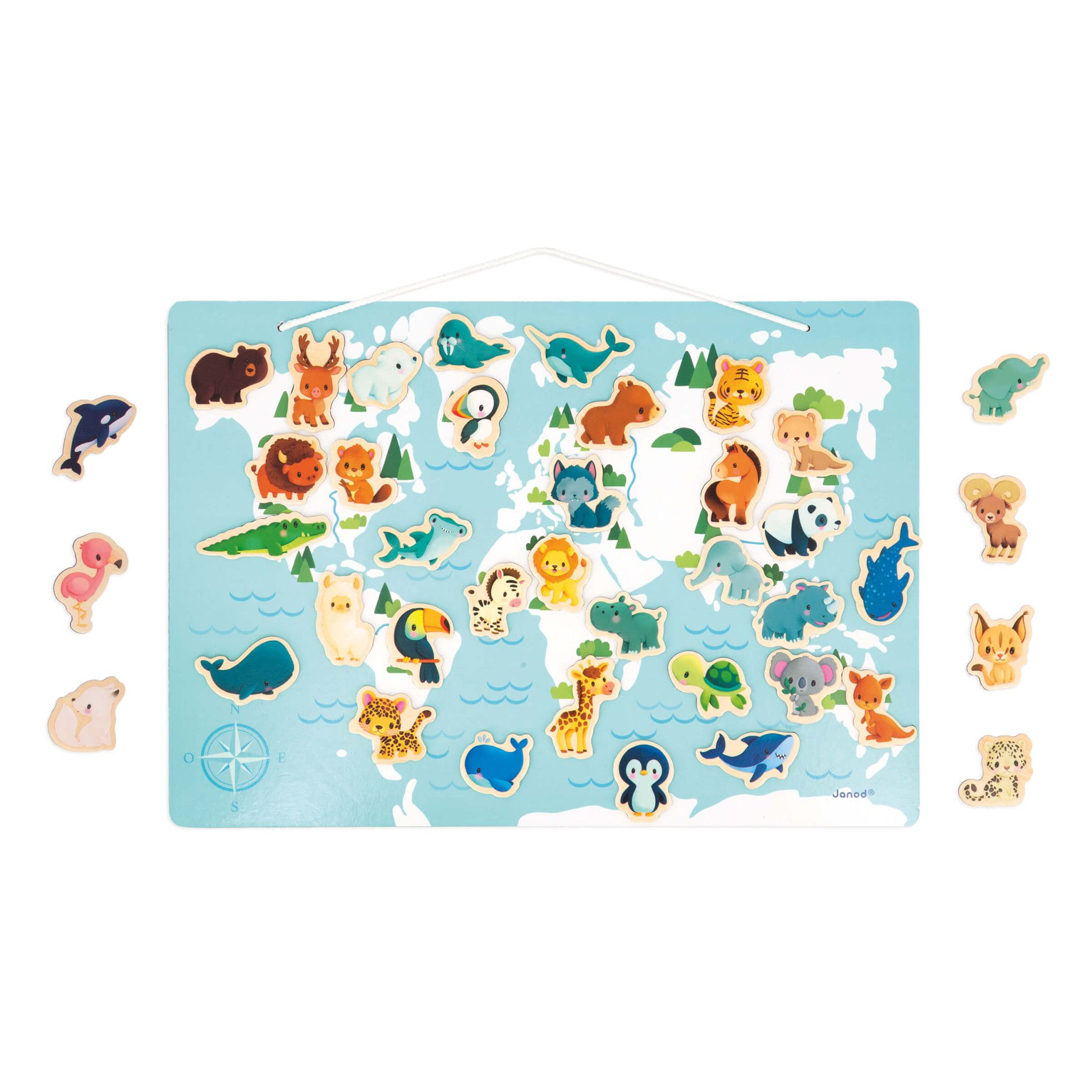 Puzzle magnetic, harta lumii cu 40 animalute magneti - Janod 2