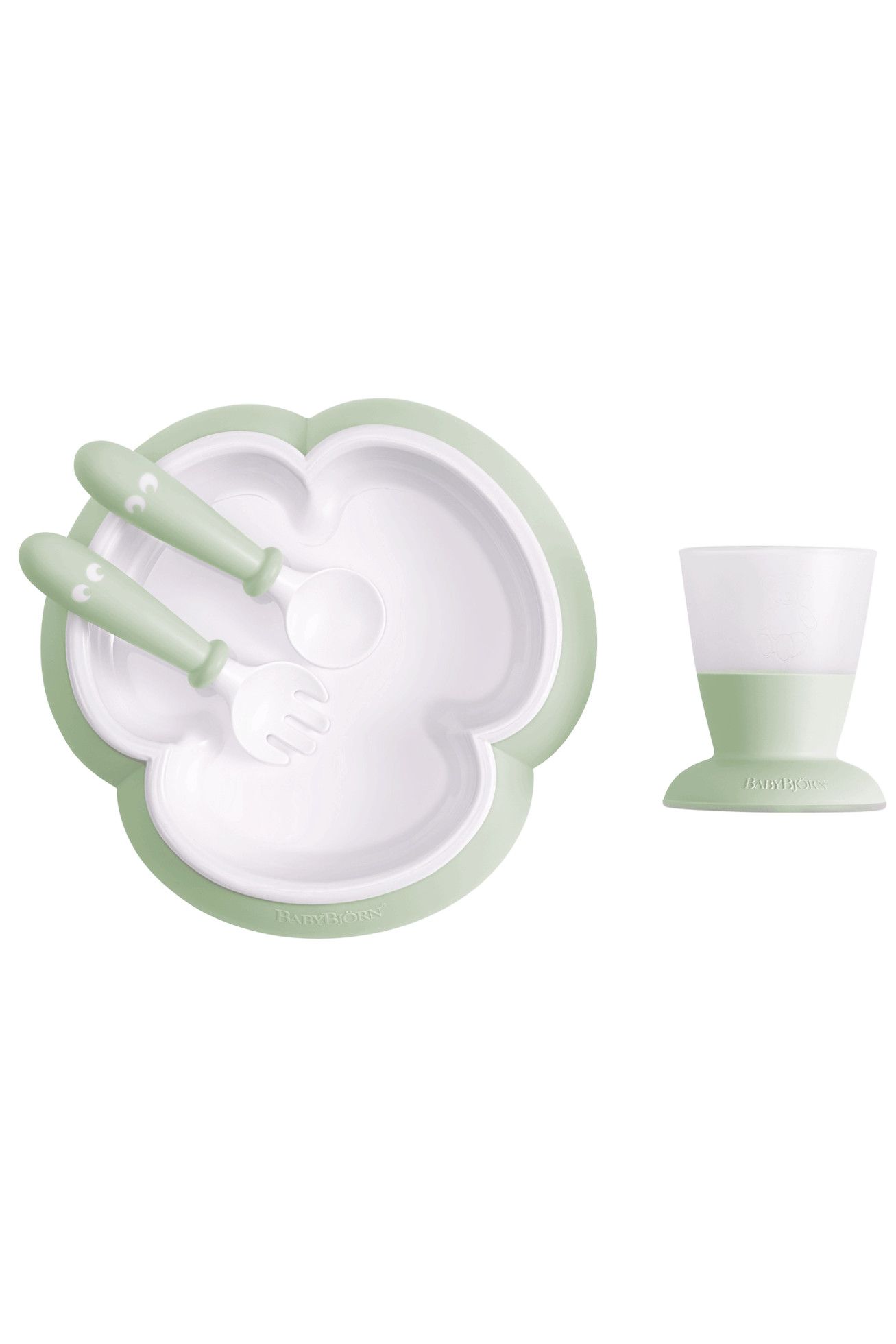 Set hranire: farfurie, lingurita, furculita si pahar pentru bebe, Powder Green - BabyBjorn 1